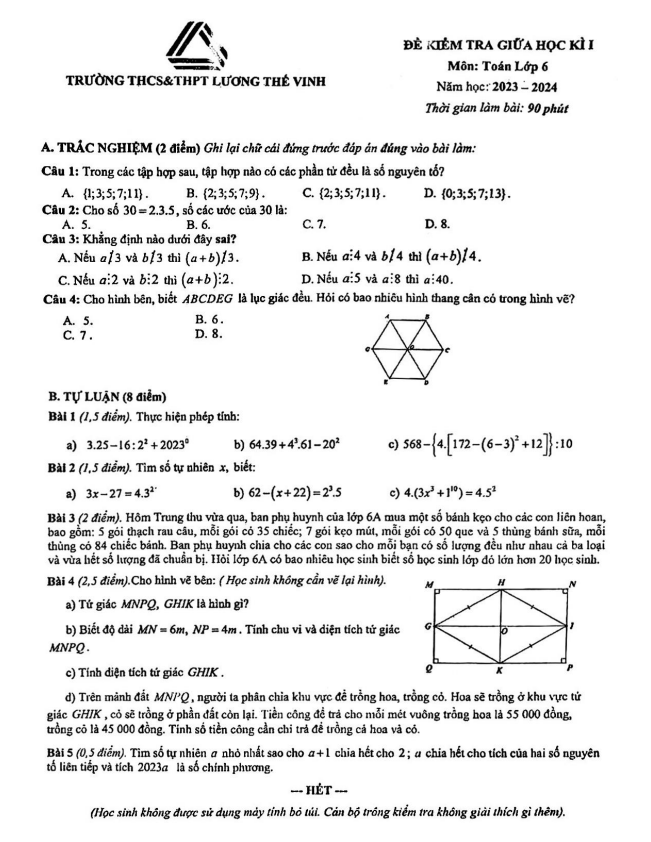 Đề thi giữa học kì 1 (HK1) lớp 6 môn Toán năm 2023 2024 trường Lương Thế Vinh Hà Nội