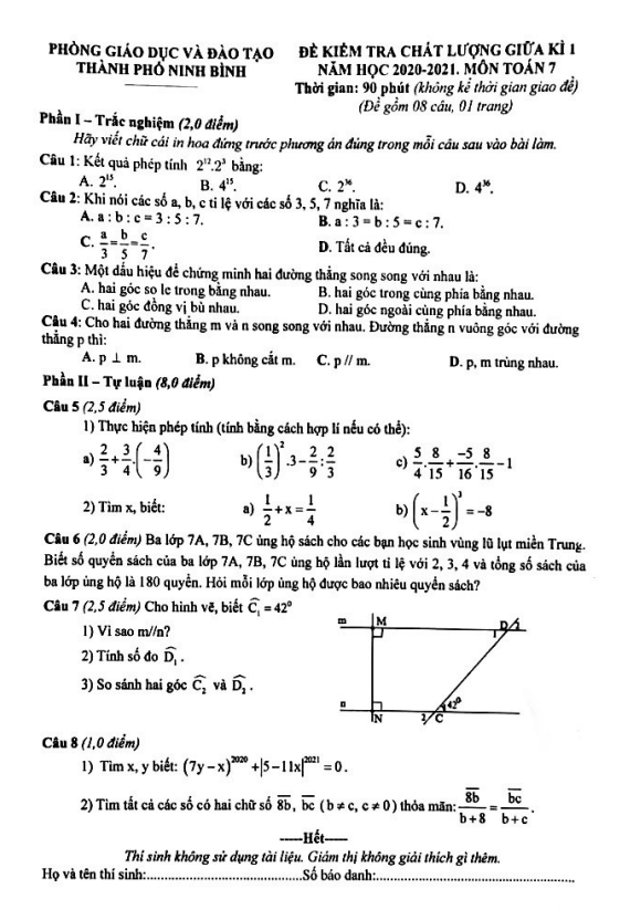 Đề thi giữa học kì 1 (HK1) lớp 7 môn Toán năm 2020 2021 phòng GD ĐT thành phố Ninh Bình