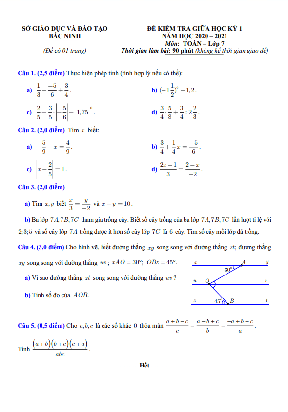 Đề thi giữa học kì 1 (HK1) lớp 7 môn Toán năm 2020 2021 sở GD ĐT Bắc Ninh