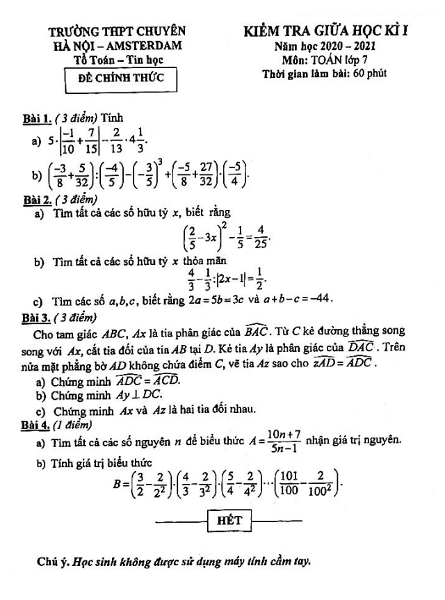 Đề thi giữa học kì 1 (HK1) lớp 7 môn Toán năm 2020 2021 trường chuyên Hà Nội Amsterdam