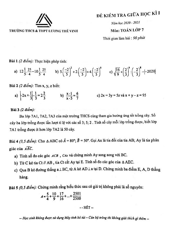 Đề thi giữa học kì 1 (HK1) lớp 7 môn Toán năm 2020 2021 trường Lương Thế Vinh Hà Nội