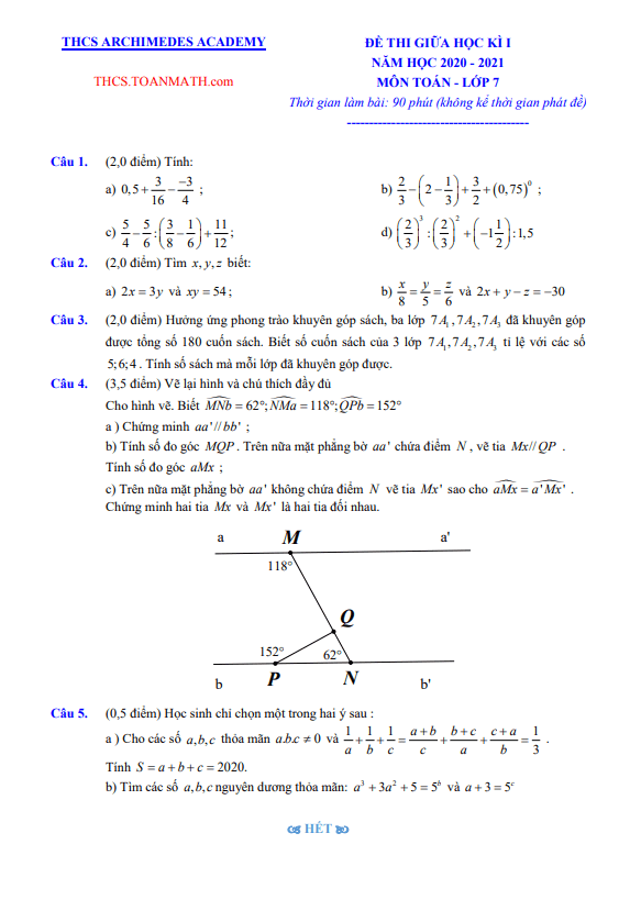 Đề thi giữa học kì 1 (HK1) lớp 7 môn Toán năm 2020 2021 trường THCS Archimedes Academy Hà Nội