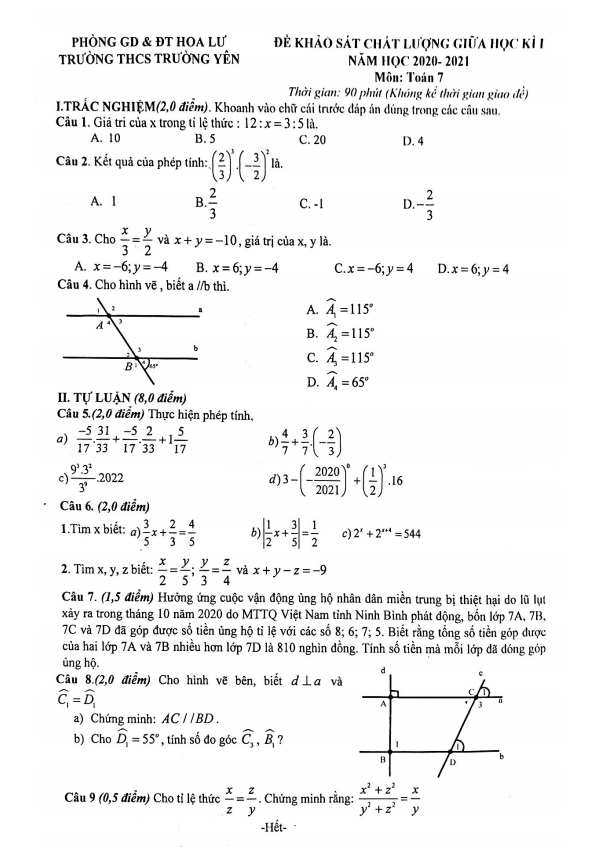 Đề thi giữa học kì 1 (HK1) lớp 7 môn Toán năm 2020 2021 trường THCS Trường Yên Ninh Bình