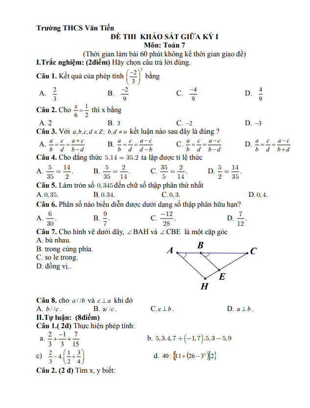 Đề thi giữa học kì 1 (HK1) lớp 7 môn Toán năm 2020 2021 trường THCS Văn Tiến Vĩnh Phúc