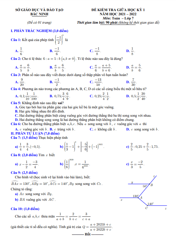 Đề thi giữa học kì 1 (HK1) lớp 7 môn Toán năm 2021 2022 sở GD ĐT Bắc Ninh