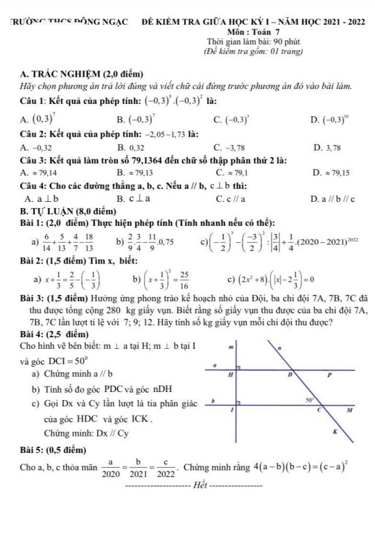 Đề thi giữa học kì 1 (HK1) lớp 7 môn Toán năm 2021 2022 trường THCS Đông Ngạc Hà Nội