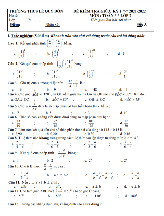 Đề thi giữa học kì 1 (HK1) lớp 7 môn Toán năm 2021 2022 trường THCS Lê Quý Đôn Quảng Nam