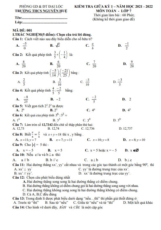 Đề thi giữa học kì 1 (HK1) lớp 7 môn Toán năm 2021 2022 trường THCS Nguyễn Huệ Quảng Nam