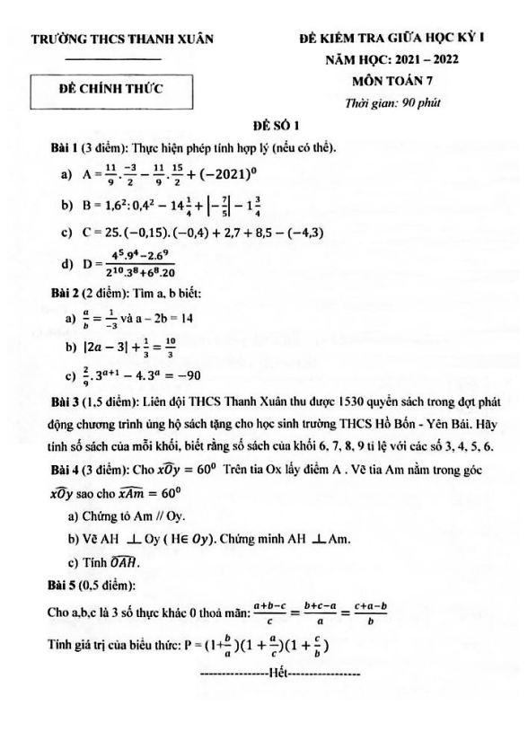 Đề thi giữa học kì 1 (HK1) lớp 7 môn Toán năm 2021 2022 trường THCS Thanh Xuân Hà Nội