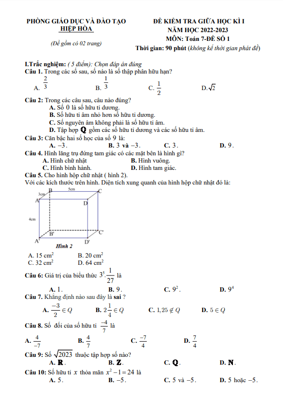 Đề thi giữa học kì 1 (HK1) lớp 7 môn Toán năm 2022 2023 phòng GD ĐT Hiệp Hòa Bắc Giang