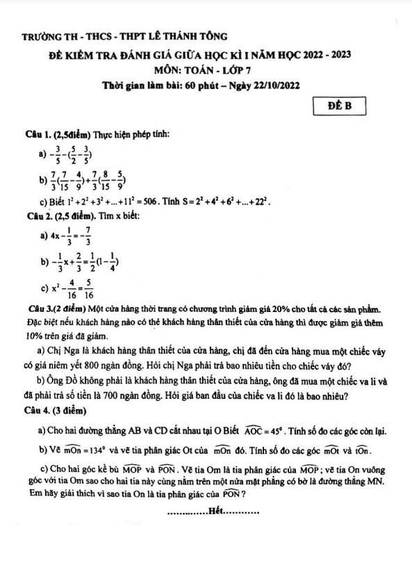Đề thi giữa học kì 1 (HK1) lớp 7 môn Toán năm 2022 2023 trường Lê Thánh Tông TP HCM
