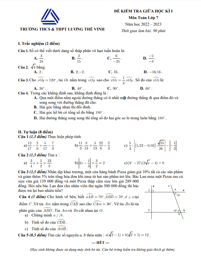 Đề thi giữa học kì 1 (HK1) lớp 7 môn Toán năm 2022 2023 trường Lương Thế Vinh Hà Nội