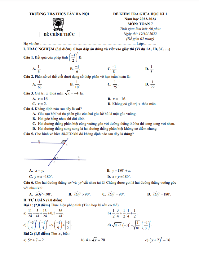 Đề thi giữa học kì 1 (HK1) lớp 7 môn Toán năm 2022 2023 trường TH THCS Tây Hà Nội