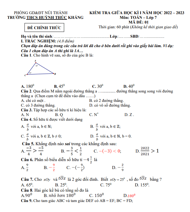 Đề thi giữa học kì 1 (HK1) lớp 7 môn Toán năm 2022 2023 trường THCS Huỳnh Thúc Kháng Quảng Nam