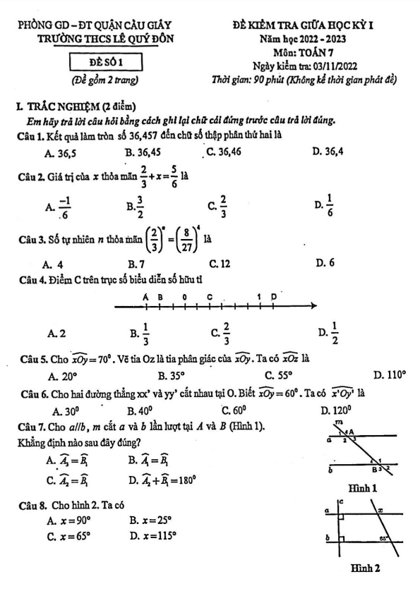 Đề thi giữa học kì 1 (HK1) lớp 7 môn Toán năm 2022 2023 trường THCS Lê Quý Đôn Hà Nội