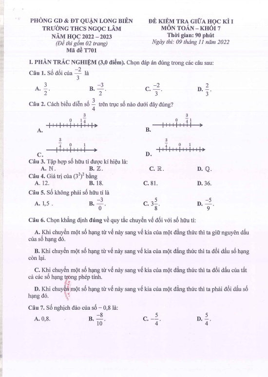 Đề thi giữa học kì 1 (HK1) lớp 7 môn Toán năm 2022 2023 trường THCS Ngọc Lâm Hà Nội
