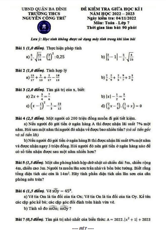 Đề thi giữa học kì 1 (HK1) lớp 7 môn Toán năm 2022 2023 trường THCS Nguyễn Công Trứ Hà Nội