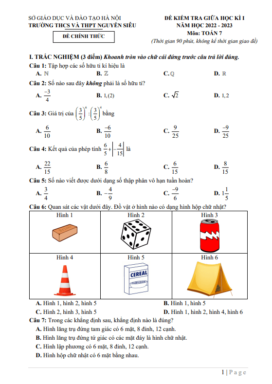 Đề thi giữa học kì 1 (HK1) lớp 7 môn Toán năm 2022 2023 trường THCS THPT Nguyễn Siêu Hà Nội