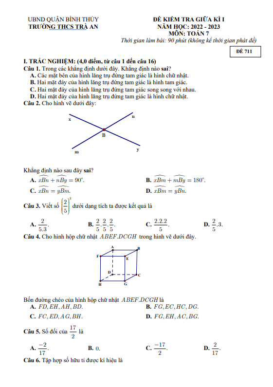 Đề thi giữa học kì 1 (HK1) lớp 7 môn Toán năm 2022 2023 trường THCS Trà An Cần Thơ