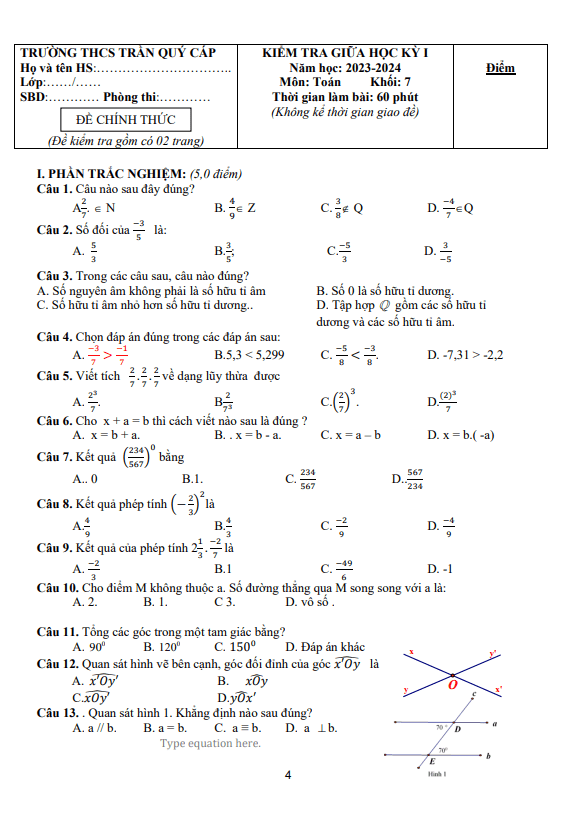 Đề thi giữa học kì 1 (HK1) lớp 7 môn Toán năm 2023 2024 trường THCS Trần Quý Cáp Quảng Nam