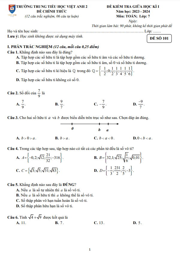 Đề thi giữa học kì 1 (HK1) lớp 7 môn Toán năm 2023 2024 trường Việt Anh 2 Bình Dương