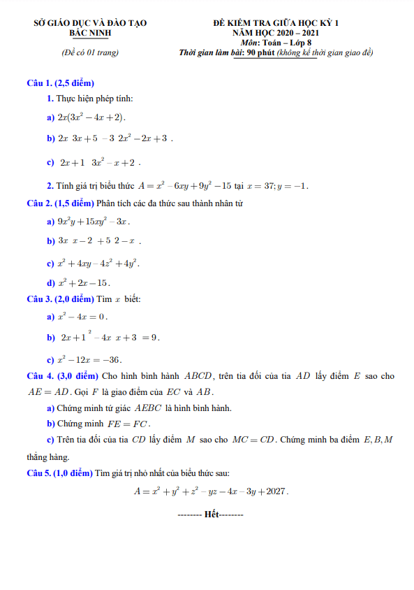 Đề thi giữa học kì 1 (HK1) lớp 8 môn Toán năm 2020 2021 sở GD ĐT Bắc Ninh