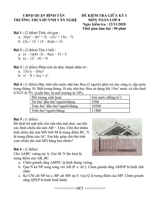 Đề thi giữa học kì 1 (HK1) lớp 8 môn Toán năm 2020 2021 trường THCS Huỳnh Văn Nghệ TP HCM