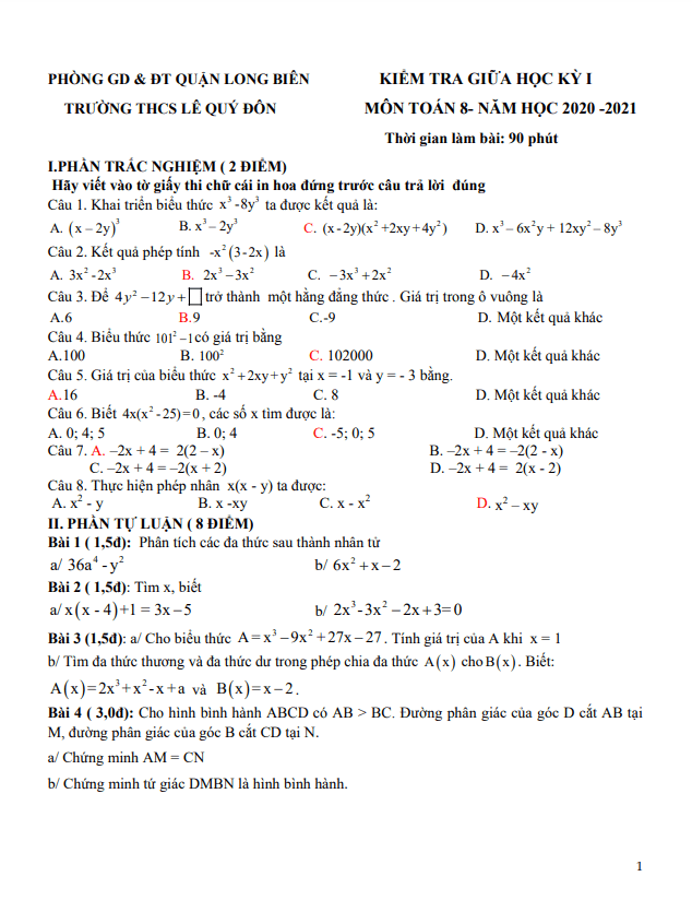 Đề thi giữa học kì 1 (HK1) lớp 8 môn Toán năm 2020 2021 trường THCS Lê Quý Đôn Hà Nội