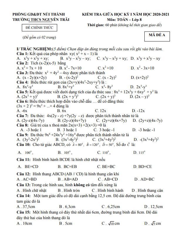 Đề thi giữa học kì 1 (HK1) lớp 8 môn Toán năm 2020 2021 trường THCS Nguyễn Trãi Quảng Nam