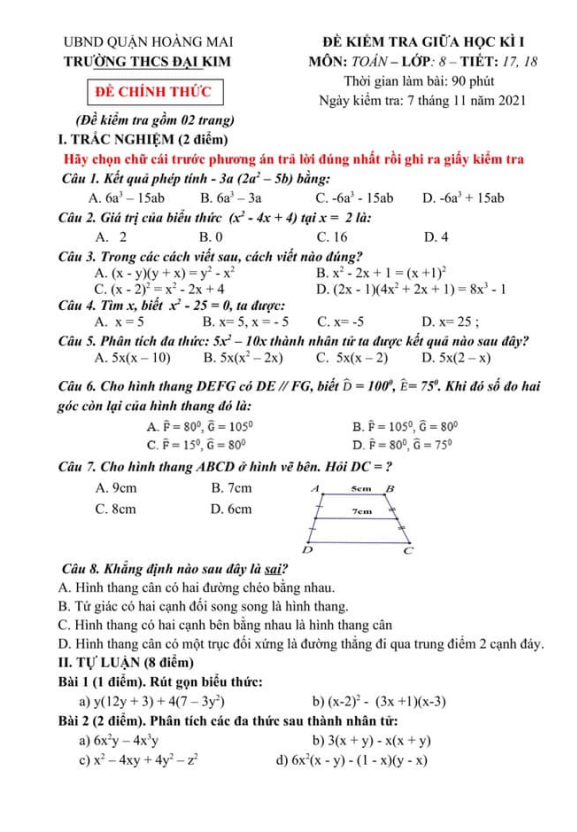 Đề thi giữa học kì 1 (HK1) lớp 8 môn Toán năm 2021 2022 trường THCS Đại Kim Hà Nội
