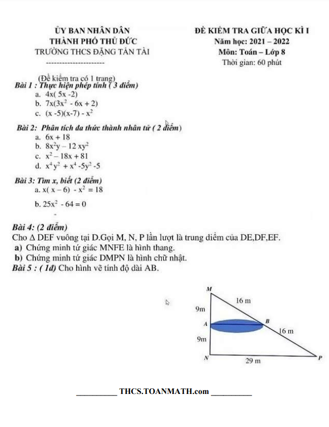 Đề thi giữa học kì 1 (HK1) lớp 8 môn Toán năm 2021 2022 trường THCS Đặng Tấn Tài TP HCM