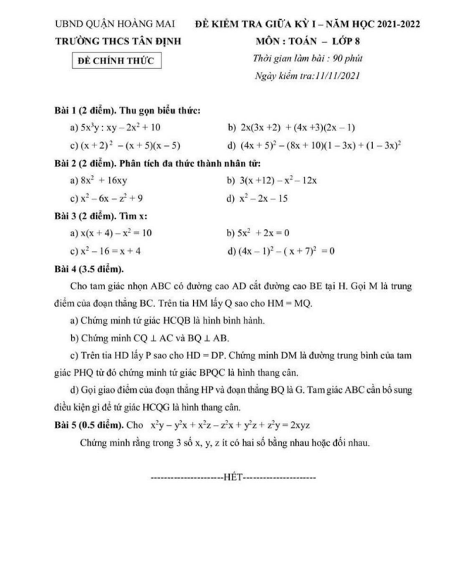 Đề thi giữa học kì 1 (HK1) lớp 8 môn Toán năm 2021 2022 trường THCS Tân Định Hà Nội