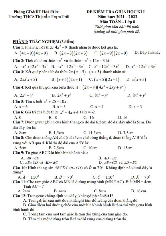 Đề thi giữa học kì 1 (HK1) lớp 8 môn Toán năm 2021 2022 trường THCS Trạm Trôi Hà Nội
