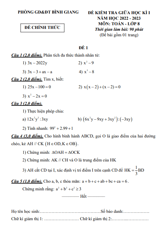 Đề thi giữa học kì 1 (HK1) lớp 8 môn Toán năm 2022 2023 phòng GD ĐT Bình Giang Hải Dương