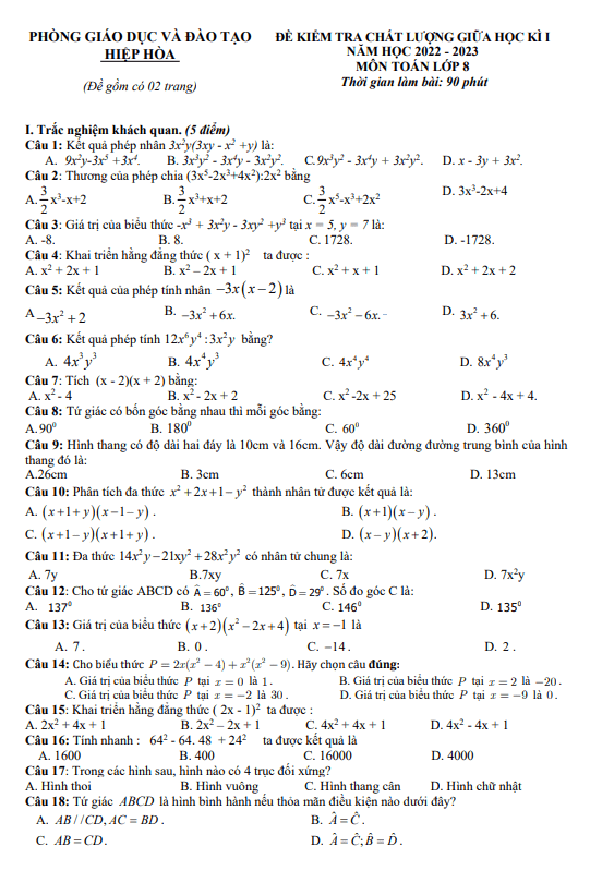 Đề thi giữa học kì 1 (HK1) lớp 8 môn Toán năm 2022 2023 phòng GD ĐT Hiệp Hòa Bắc Giang