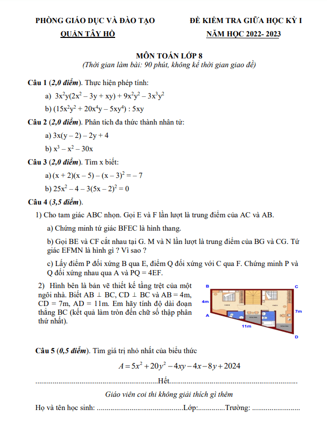 Đề thi giữa học kì 1 (HK1) lớp 8 môn Toán năm 2022 2023 phòng GD ĐT Tây Hồ Hà Nội