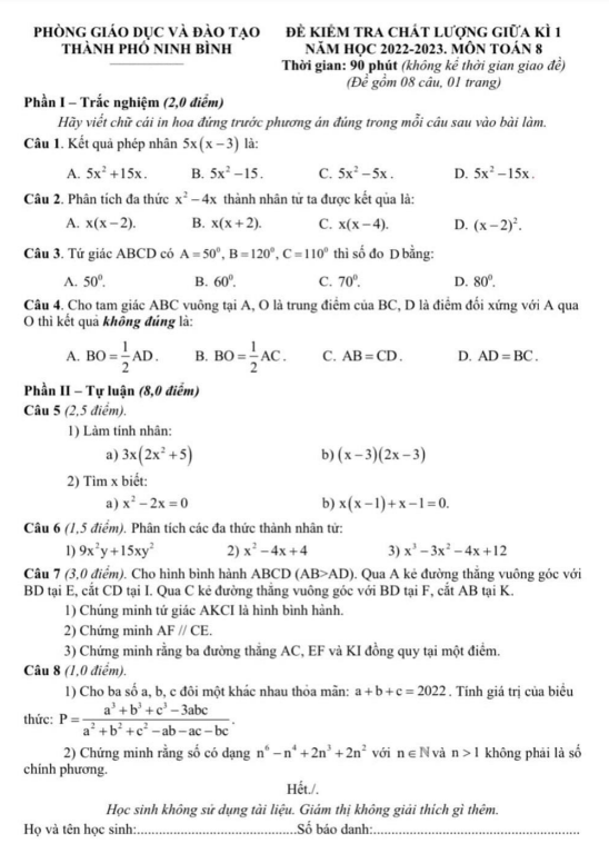 Đề thi giữa học kì 1 (HK1) lớp 8 môn Toán năm 2022 2023 phòng GD ĐT thành phố Ninh Bình