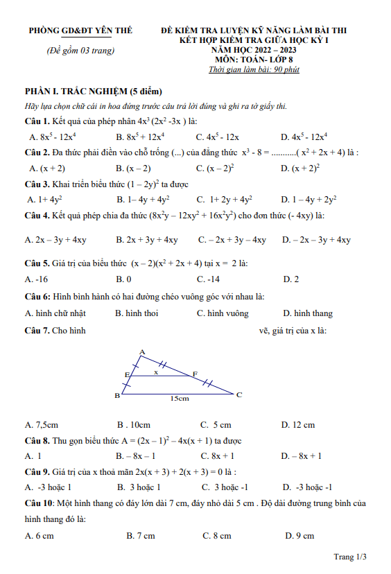 Đề thi giữa học kì 1 (HK1) lớp 8 môn Toán năm 2022 2023 phòng GD ĐT Yên Thế Bắc Giang
