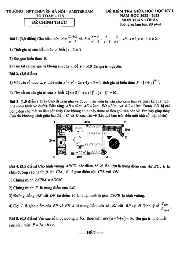 Đề thi giữa học kì 1 (HK1) lớp 8 môn Toán năm 2022 2023 trường chuyên Hà Nội Amsterdam