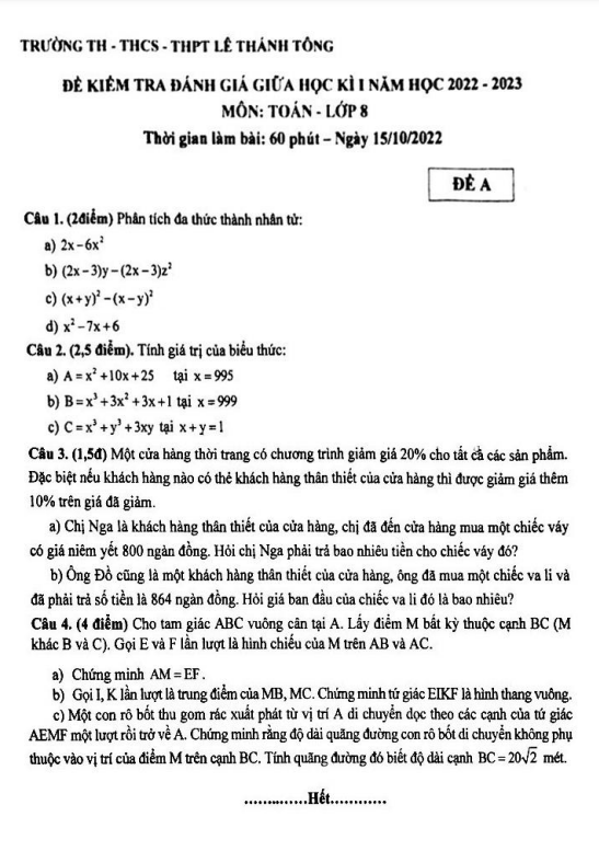 Đề thi giữa học kì 1 (HK1) lớp 8 môn Toán năm 2022 2023 trường Lê Thánh Tông TP HCM