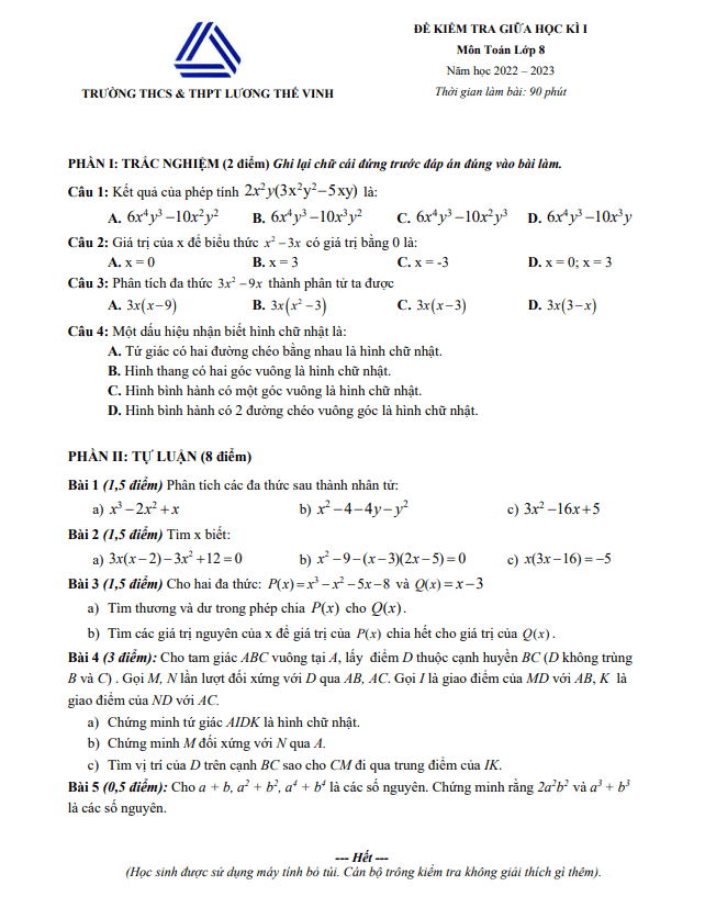Đề thi giữa học kì 1 (HK1) lớp 8 môn Toán năm 2022 2023 trường Lương Thế Vinh Hà Nội