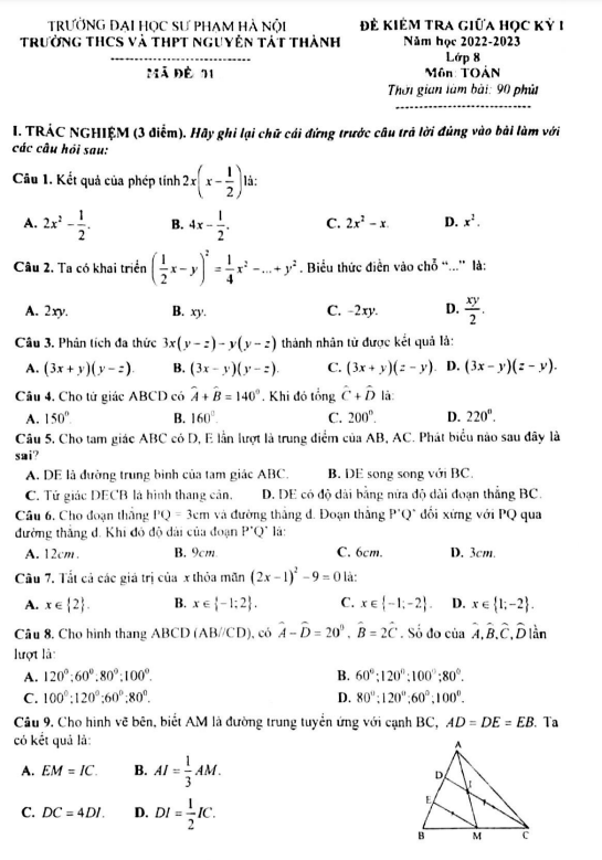 Đề thi giữa học kì 1 (HK1) lớp 8 môn Toán năm 2022 2023 trường Nguyễn Tất Thành Hà Nội