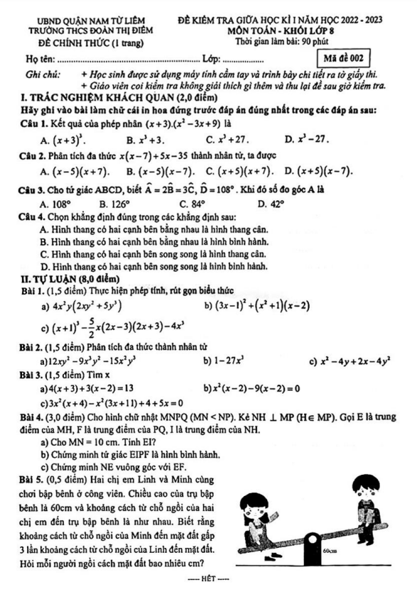 Đề thi giữa học kì 1 (HK1) lớp 8 môn Toán năm 2022 2023 trường THCS Đoàn Thị Điểm Hà Nội