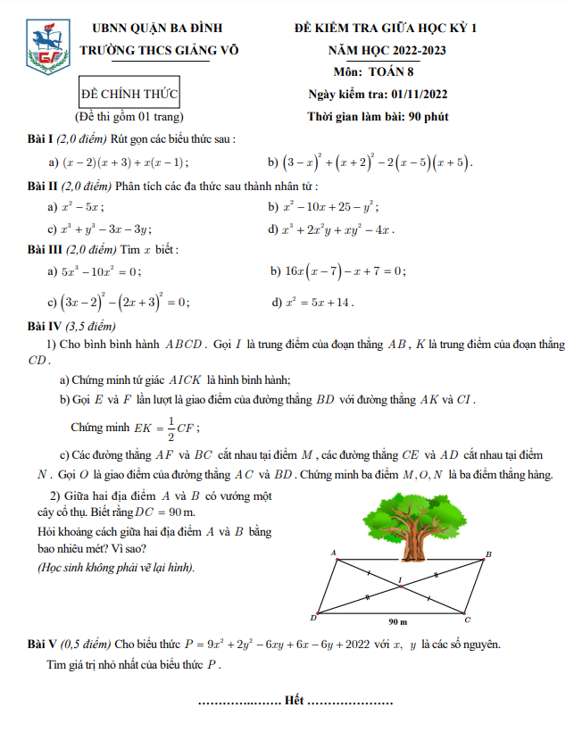 Đề thi giữa học kì 1 (HK1) lớp 8 môn Toán năm 2022 2023 trường THCS Giảng Võ Hà Nội