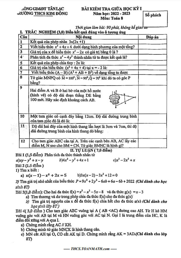 Đề thi giữa học kì 1 (HK1) lớp 8 môn Toán năm 2022 2023 trường THCS Kim Đồng Hòa Bình