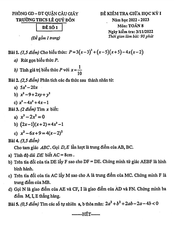Đề thi giữa học kì 1 (HK1) lớp 8 môn Toán năm 2022 2023 trường THCS Lê Quý Đôn Hà Nội