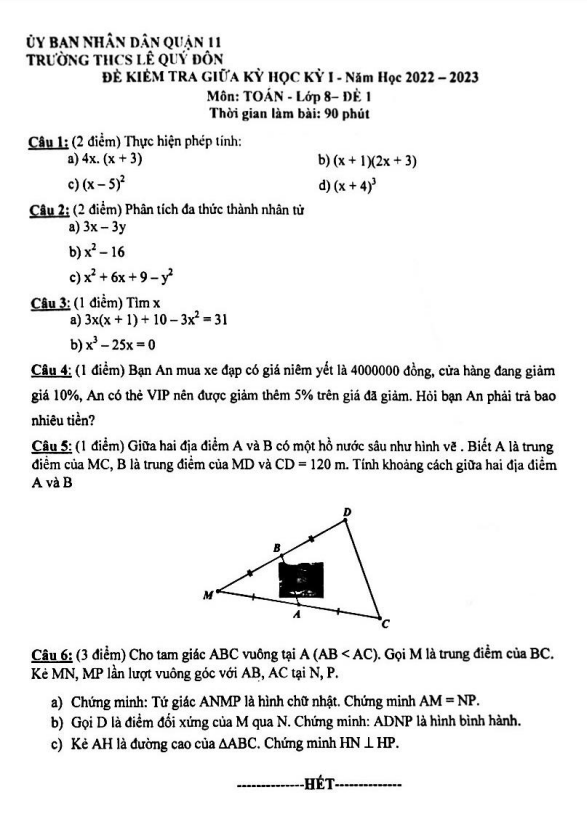 Đề thi giữa học kì 1 (HK1) lớp 8 môn Toán năm 2022 2023 trường THCS Lê Quý Đôn TP HCM