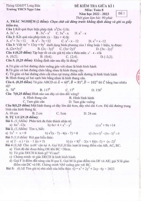Đề thi giữa học kì 1 (HK1) lớp 8 môn Toán năm 2022 2023 trường THCS Ngọc Lâm Hà Nội