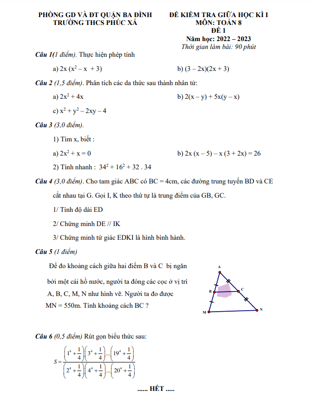 Đề thi giữa học kì 1 (HK1) lớp 8 môn Toán năm 2022 2023 trường THCS Phúc Xá Hà Nội