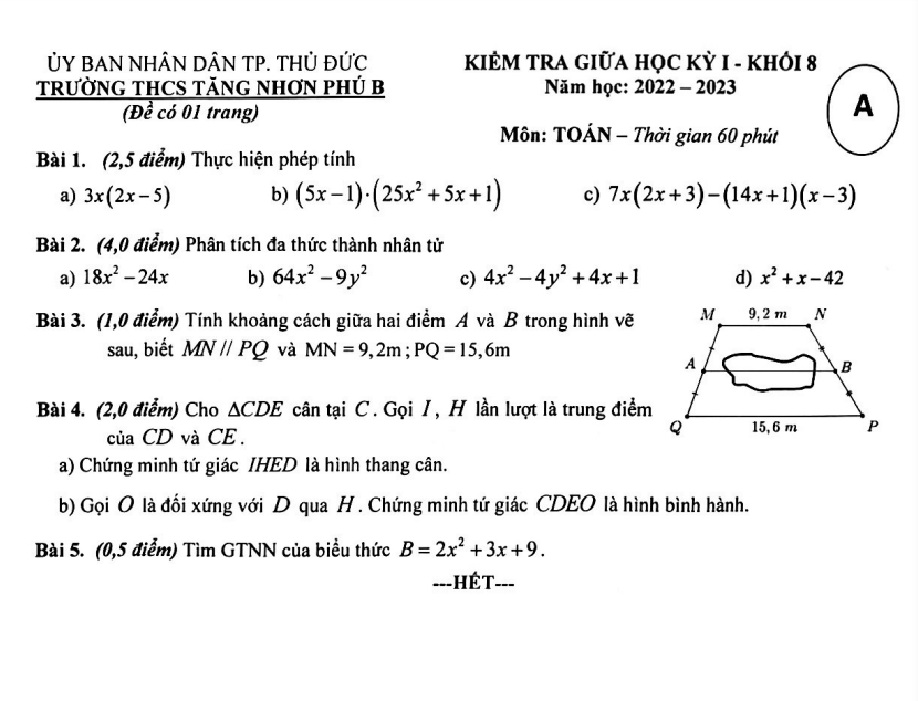 Đề thi giữa học kì 1 (HK1) lớp 8 môn Toán năm 2022 2023 trường THCS Tăng Nhơn Phú B TP HCM